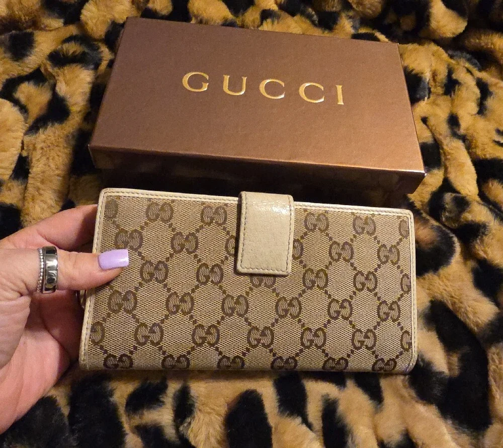 Gucci Beige GG Monogram Continental Wallet with Gold Accent